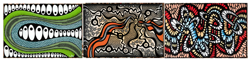 A montage of three artworks by Brentyn Lugnan based on traditional Aboriginal geometric forms and shape patterns with modern bright colours 