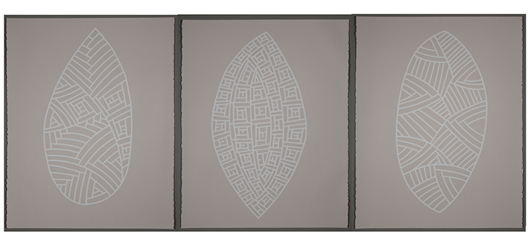 Three paintings of simple, stylised shields featuring different line patterns 
