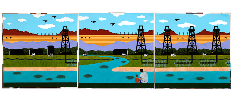 Three artworks in simplistic developed rural scene of a river and power station in bright blocky colours   