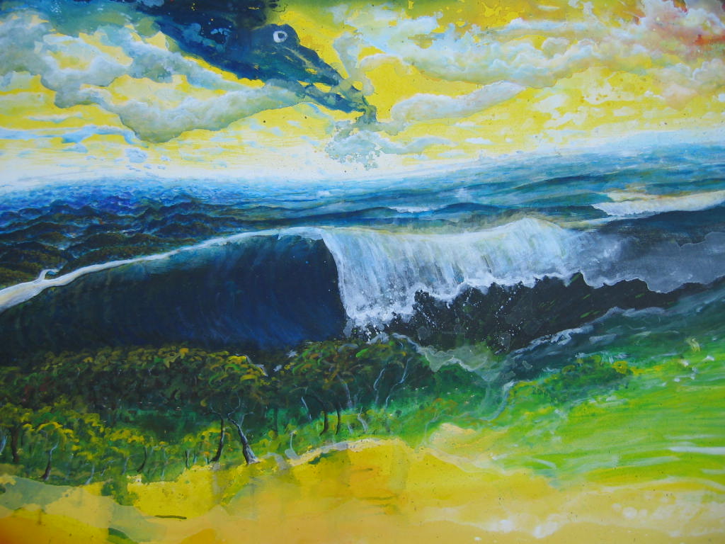 Painting of wave crashing over simple seascape, with a dark cloud in the shape of a pterodactyl in the sky above