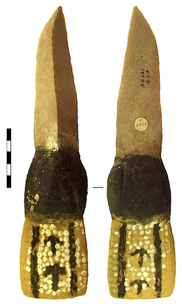 Hafted macroblade knife made and hafted in the historical period by an Aboriginal stoneworker. Australian ethnography and stone tools