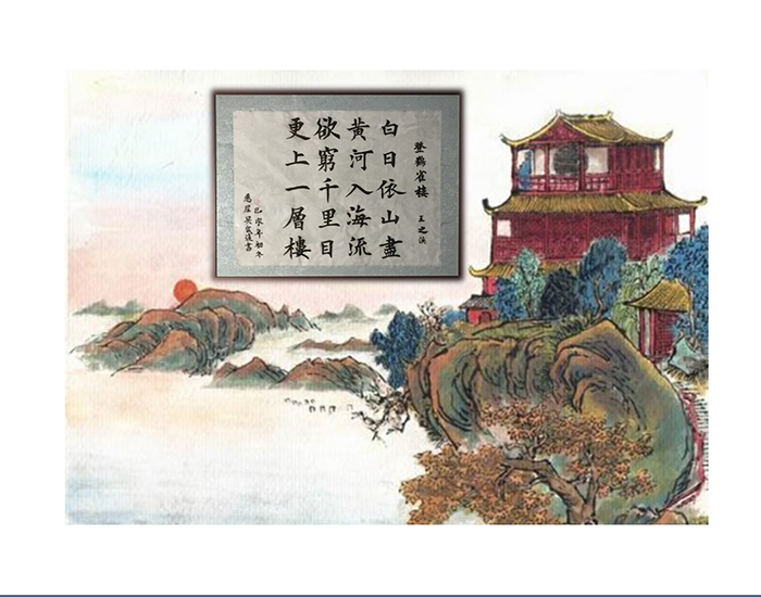 Chinese characters on natural parchment representing a famous Chine poem - 'On the stork tower' - by Wang Zihuan from the Tang Dynasty
