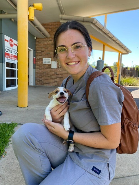 Young female in medical scrubs cuddles puppy