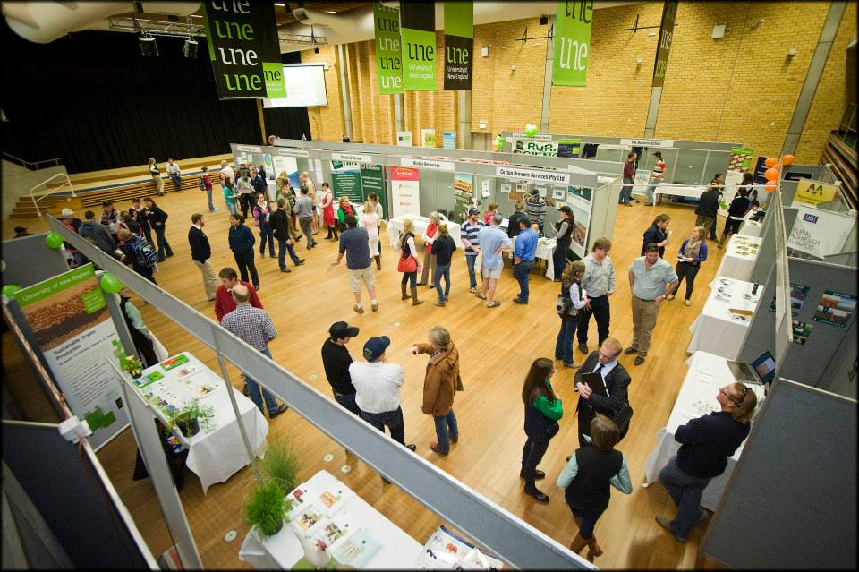 Birds eye view of the careers fair, students are talking to stall holders