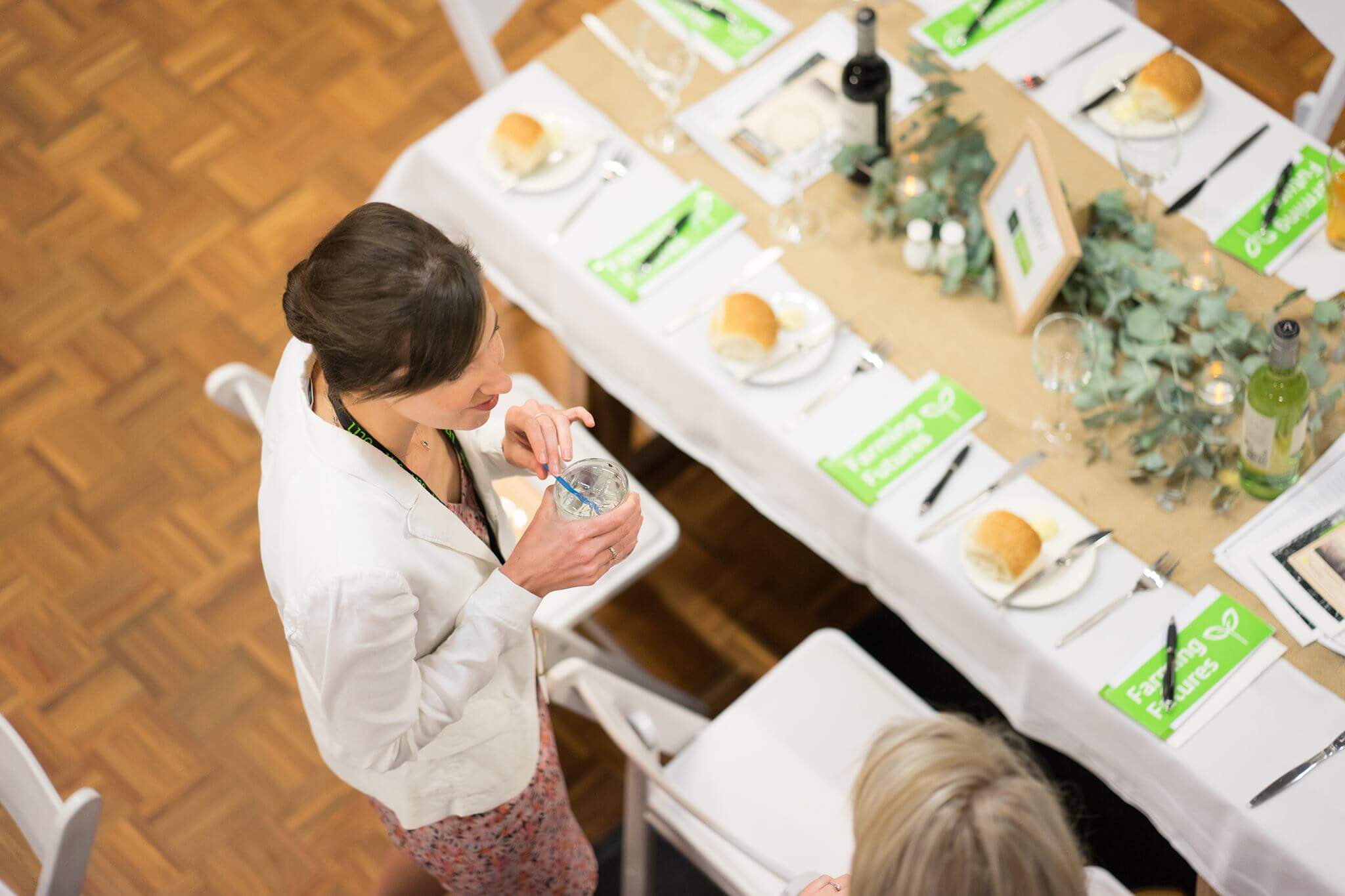 Birds eye view of two females in conversation at dinner