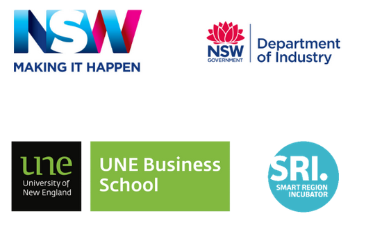 Logos for NSW - Making it Happen, NSW Department of Industry, UNE Business School, and Smart Region Incubator
