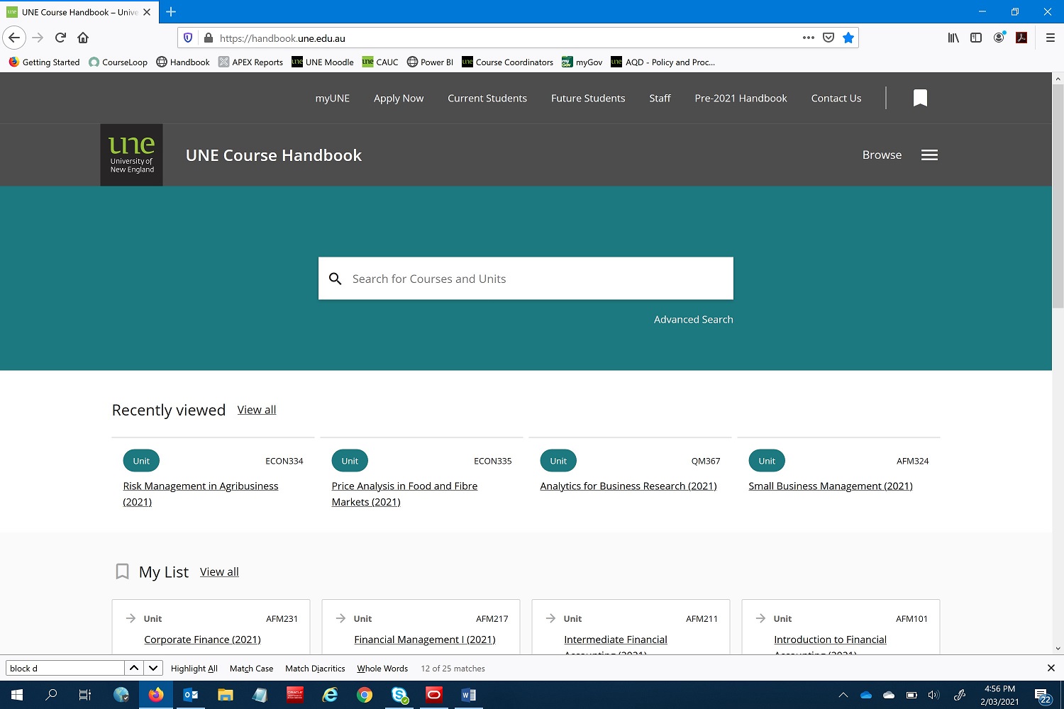 Instructional screenshot of 2021 UNE Handbook