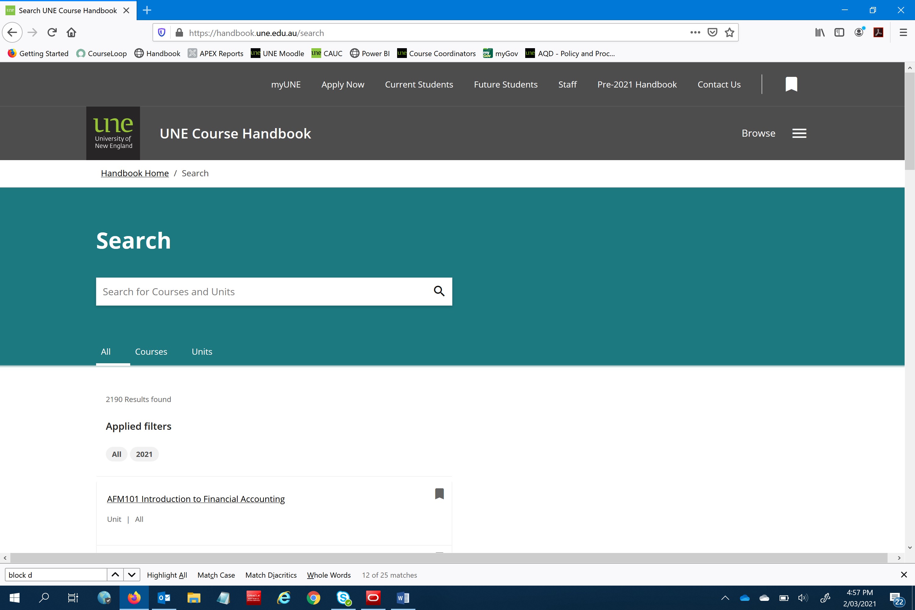 Instructional screenshot of 2021 UNE Handbook