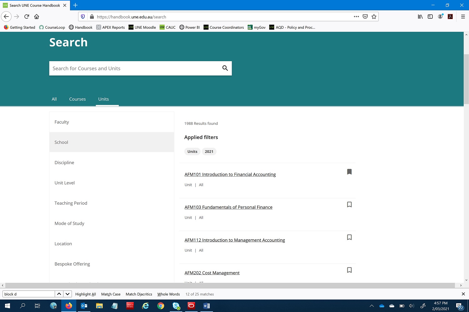 Instructional screenshot of 2021 UNE Handbook