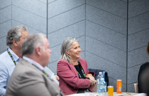 A woman with grey hair and a pink jacket sits at a table with others, in a meeting room. She is smiling.