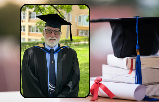 Image of a Senior male Law Graduate in formal graduation attire rests on top of a graphic of a graduation trencher cap. 