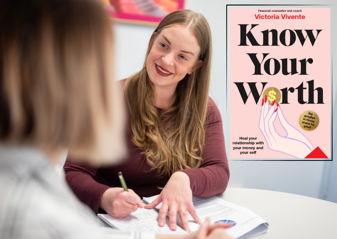 Victoria Vivente speaking to a client, and book cover of her book, Know Your Worth. 