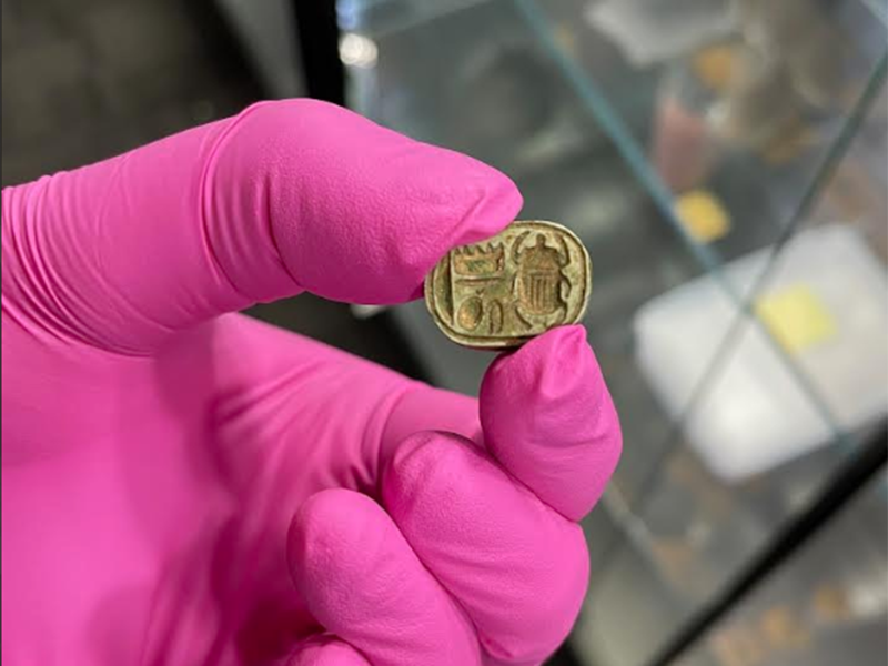 A hand in a pink glove holds a gold scarab beetle pendant