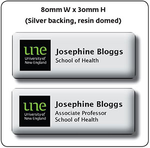 Example of magnetic name badges with silver backing and resin dome. Badges are 80mm wide by 30 mm high
