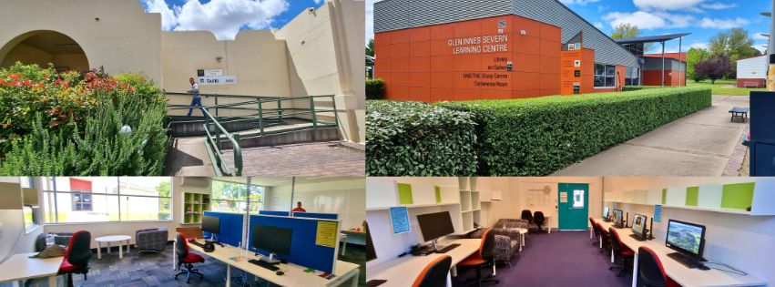 A collage of four pictures showcasing two bright, clean buildings with UNE signage and two large, well-appointed computer labs for student usage.