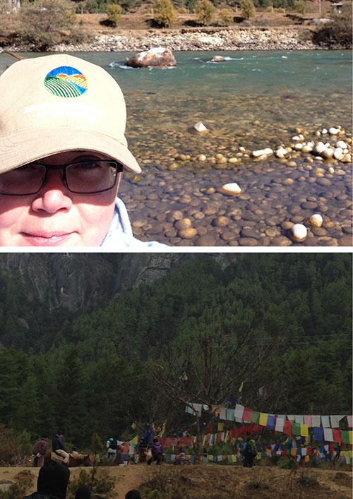 Rebecca taking a selfie near a river and Rebecca treking up a cliffside